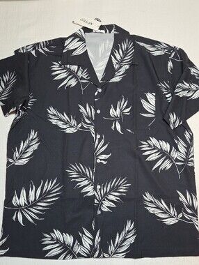 Black & White Hawaiian Shirt Mens XL Black Leaf-Print Men's Short-Sleeve Jacket